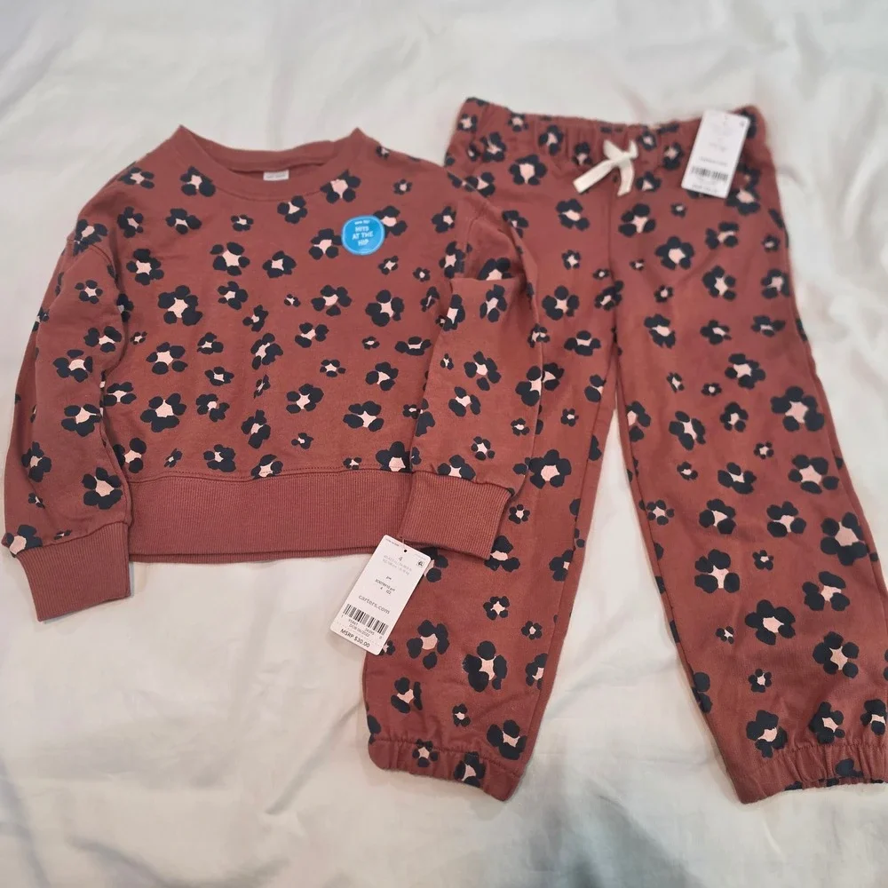 Carter's Sweatshirt Jogger Set Girls 4 Terracotta Floral NEW 2-Piece Outfit